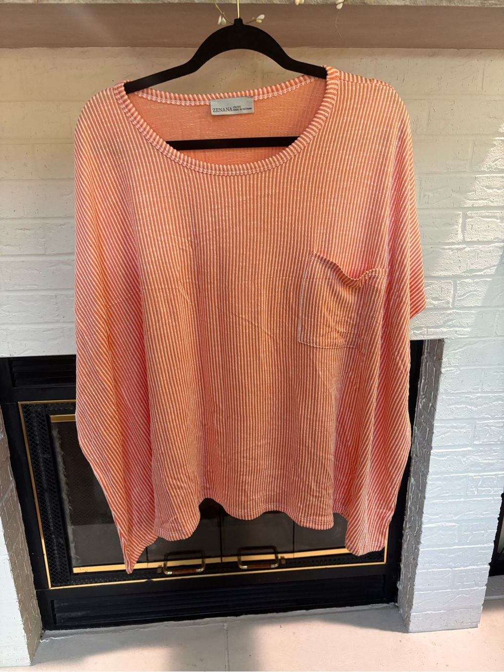 Zenana Outfitters Coral and White Striped Long Sleeve Pocket Top